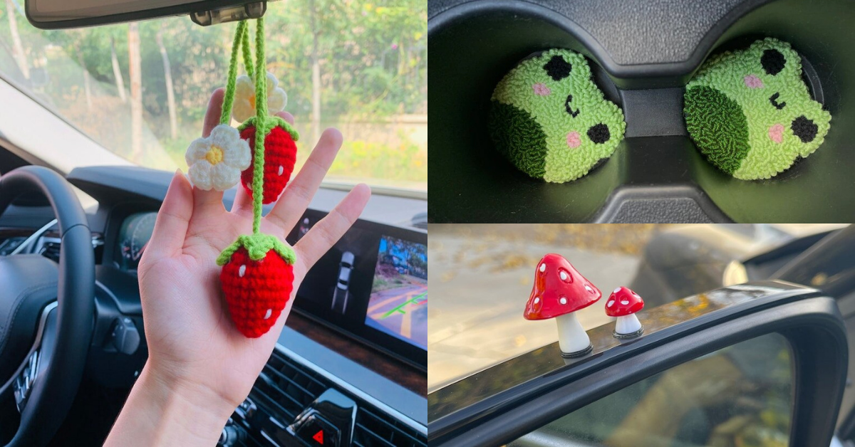 Cute Car Accessories Mirror Hanging Frog Charm Fruit Decor Flower