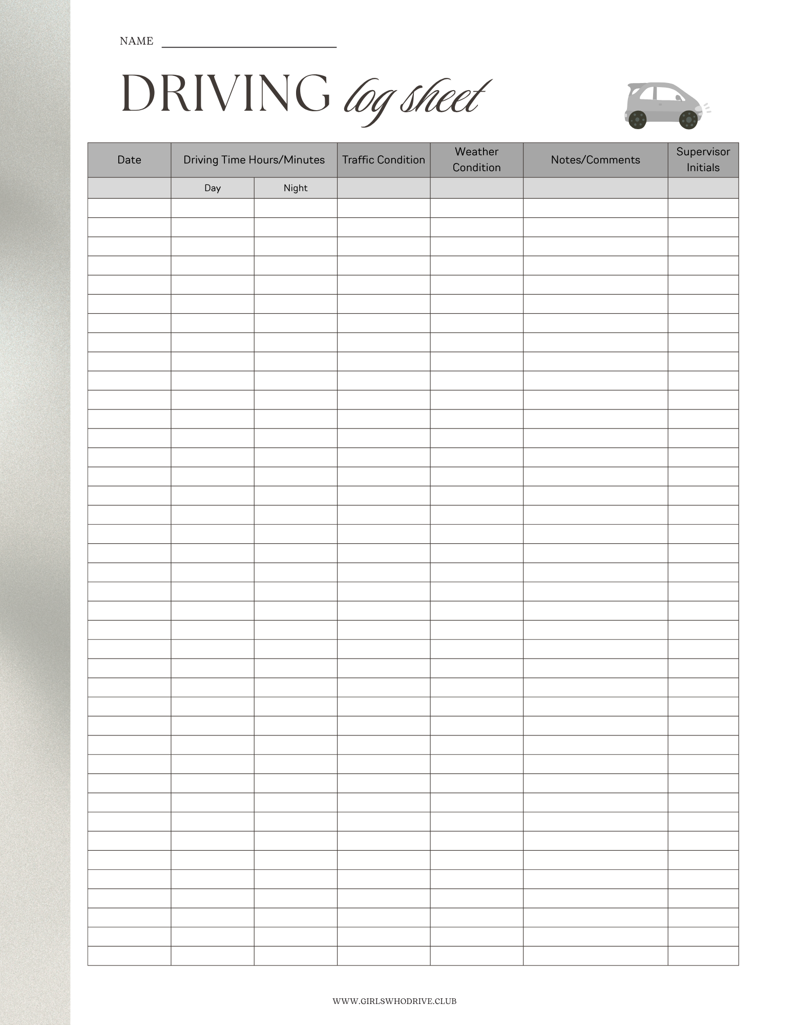 printable driving log sheet