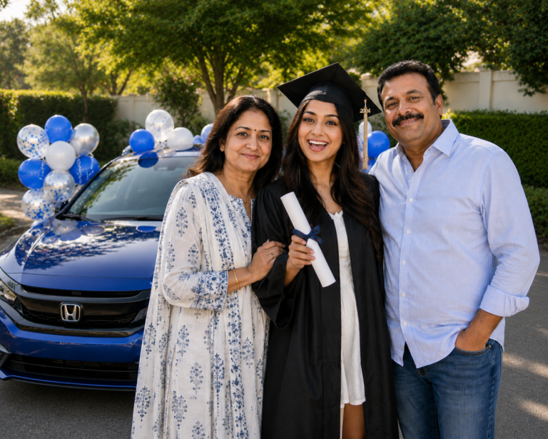highschool graduate and her parents standing in front of a decorated car